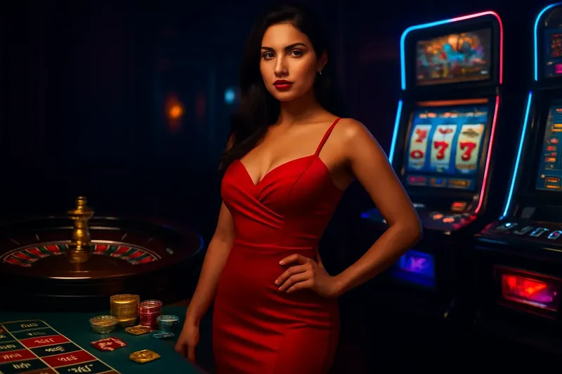 Elegant Casino Banner Beautiful woman in red dress posing near roulette and slot machines with neon lights and gold coins in a luxury casino atmosphere