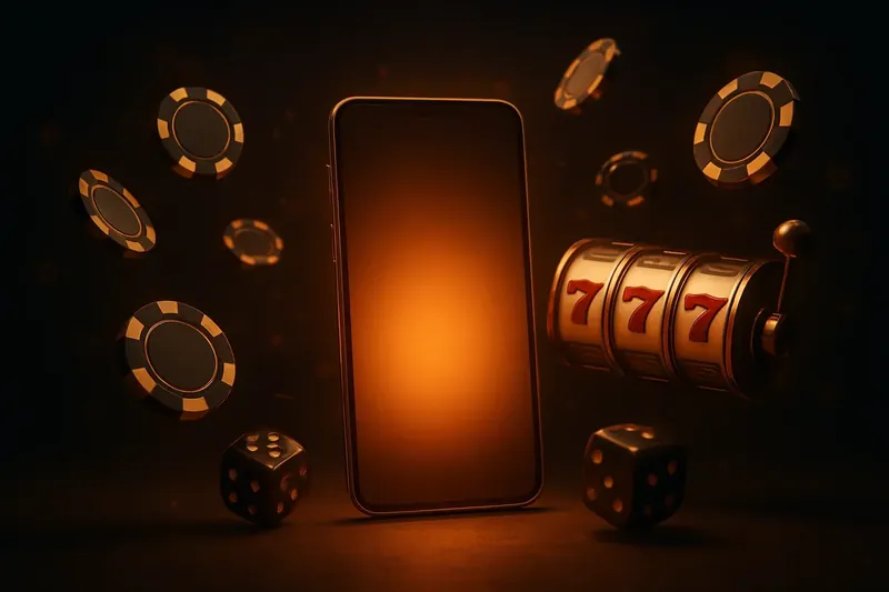 Luxury Casino Banner Glowing smartphone surrounded by casino chips, slot reels, and dice on dark gold background